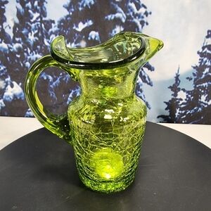OLIVE GREEN Blown Crackle MCM Collectible Art Glass Pitcher 4.5"